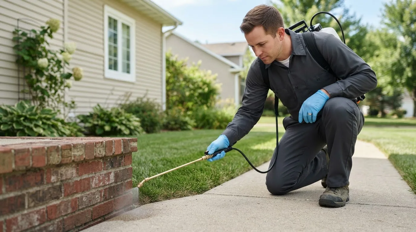 Pest control technician treating a home near Reading, MA